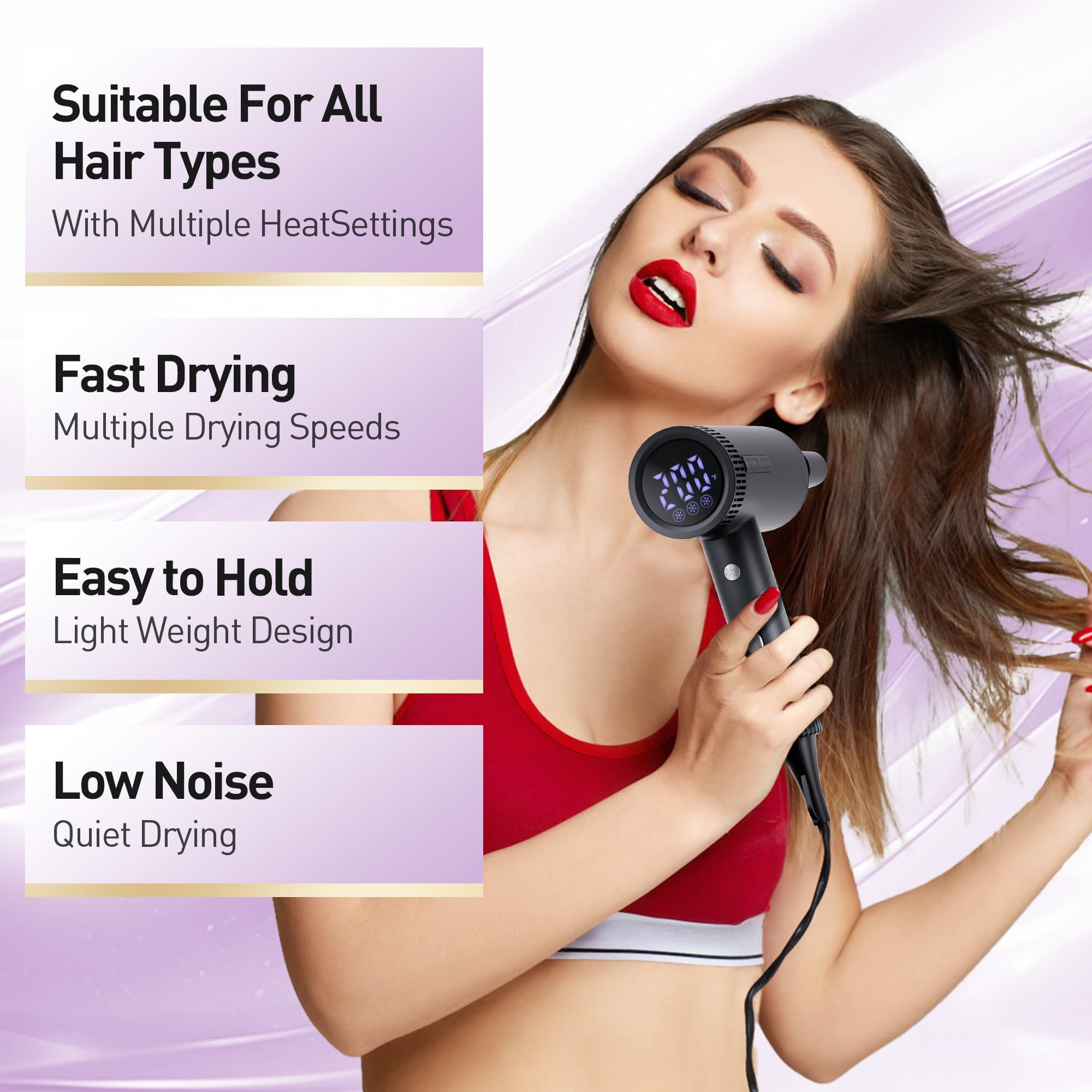 Tresses Touch hair dryer lightweight design ideal for home and travel.