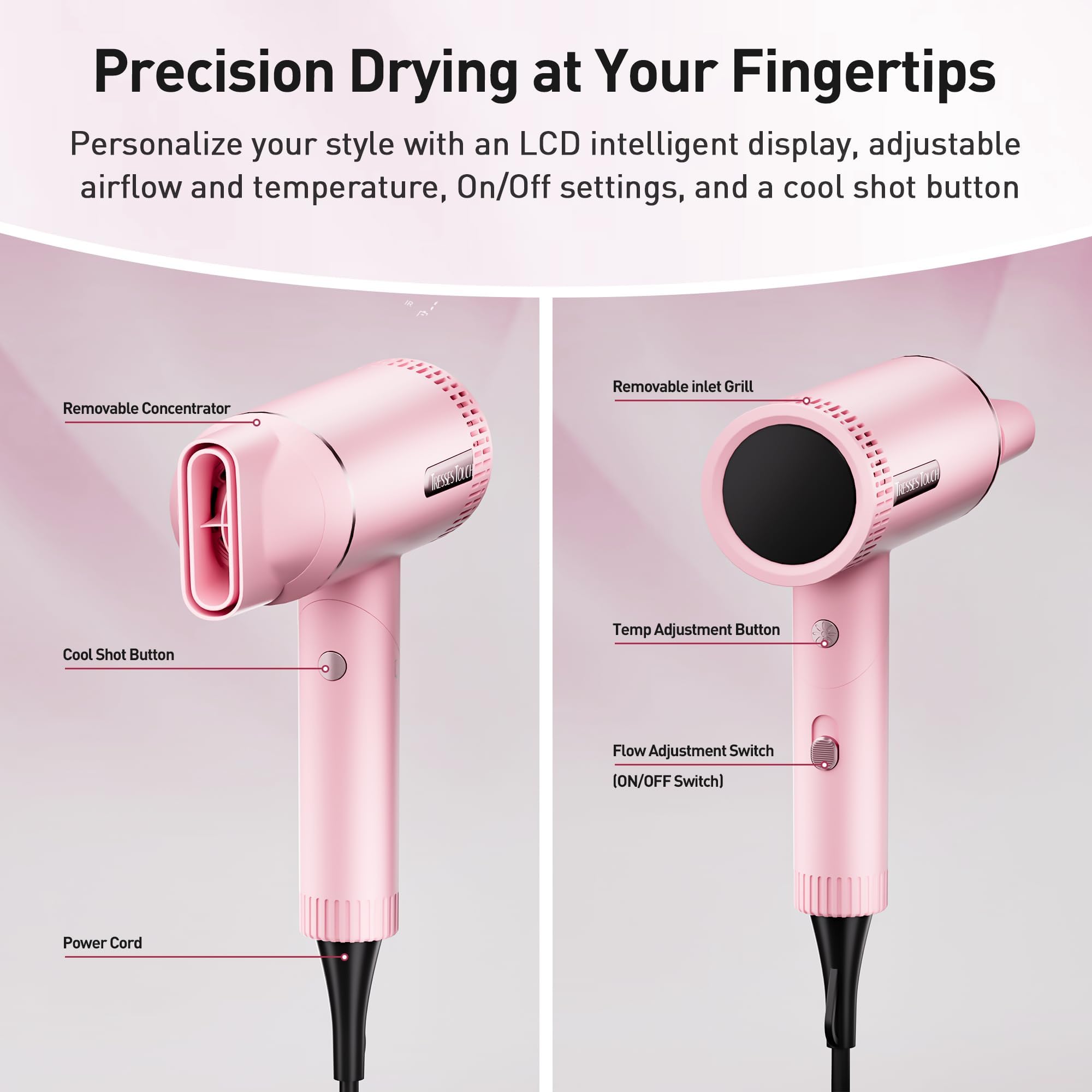 Tresses Touch magnetic nozzle for precise directional styling.