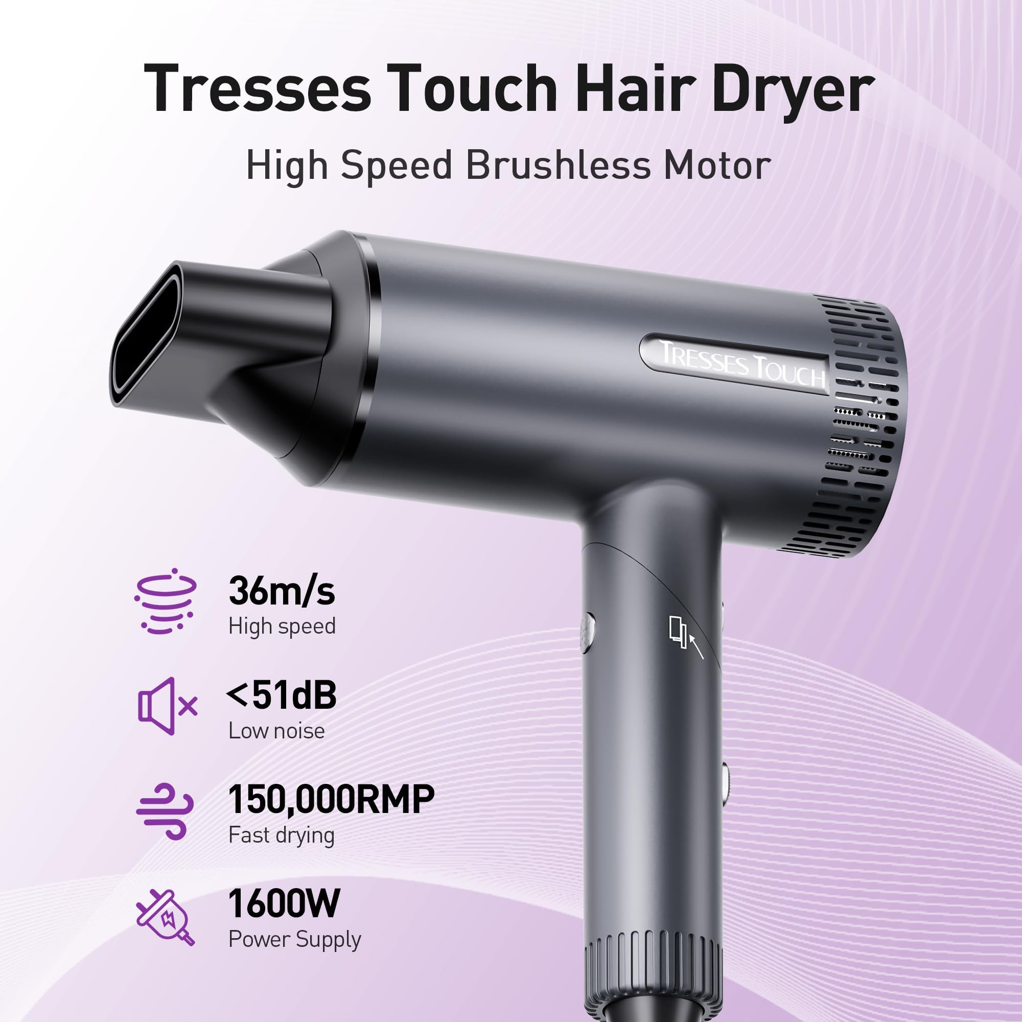 Tresses Touch hair dryer magnetic suction nozzle for versatile styling options.