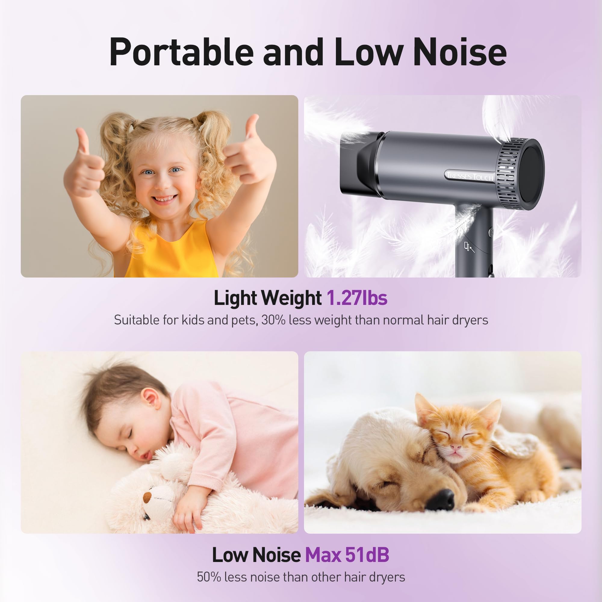 Tresses Touch hair dryer safety features with ALCI plug and protective filters.