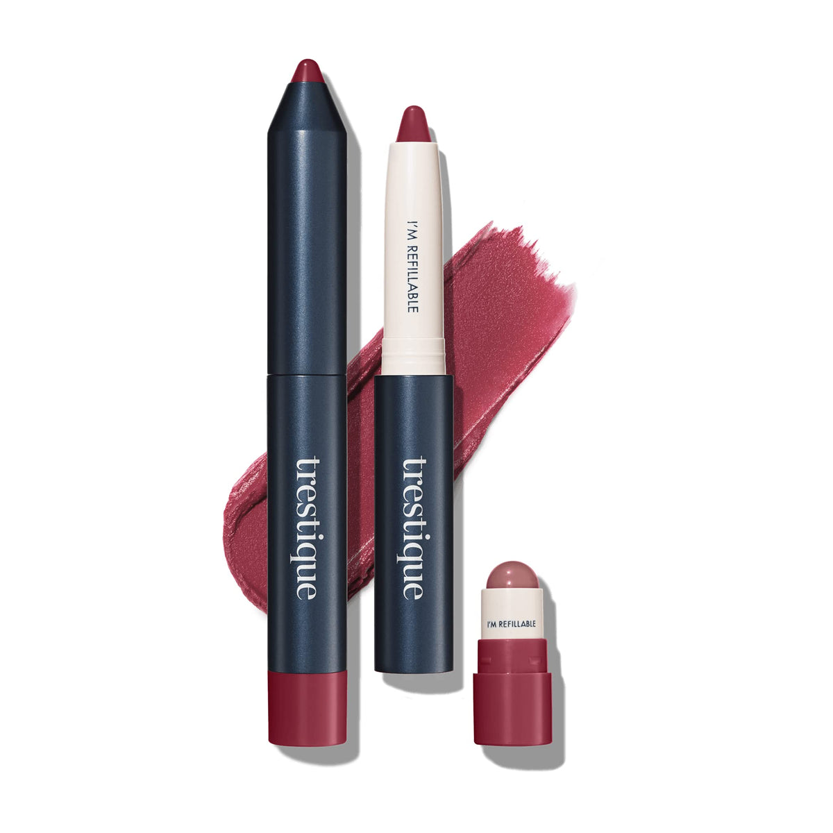 TRE'STIQUE Belize Bordeaux Matte Lip Crayon swatch on lips for a modern matte finish.