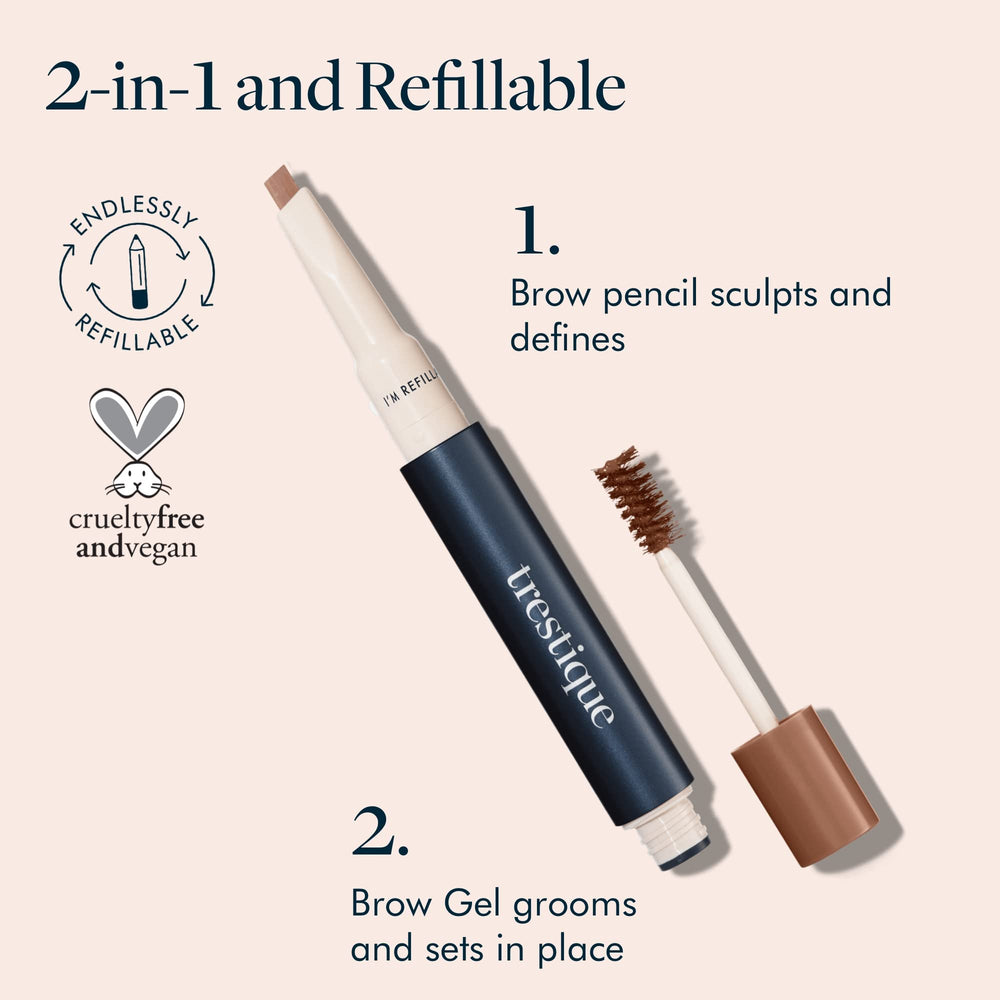TRE'STIQUE Brow Pencil and Gel flat edge shapes brows with control.