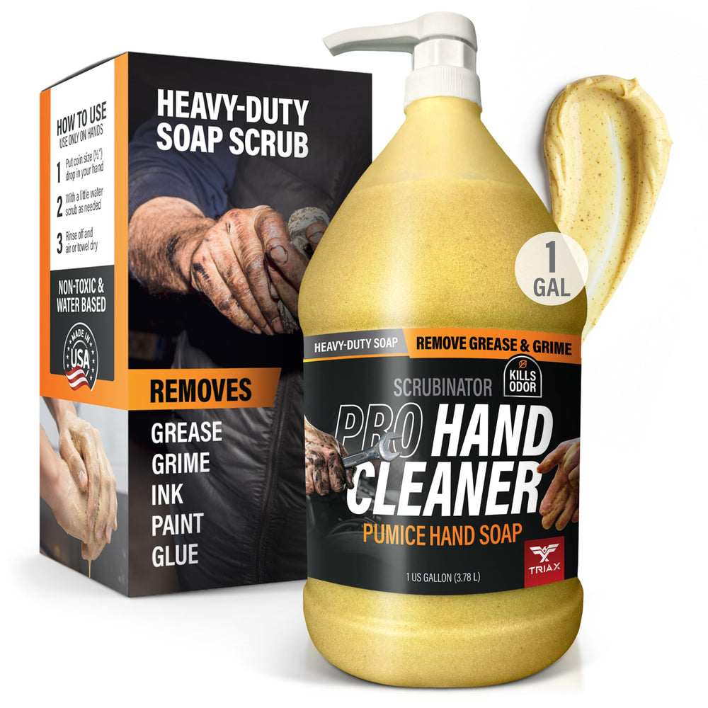 TRIAX Scrubinator bottle demonstrating heavy-duty hand cleaning for daily messes.