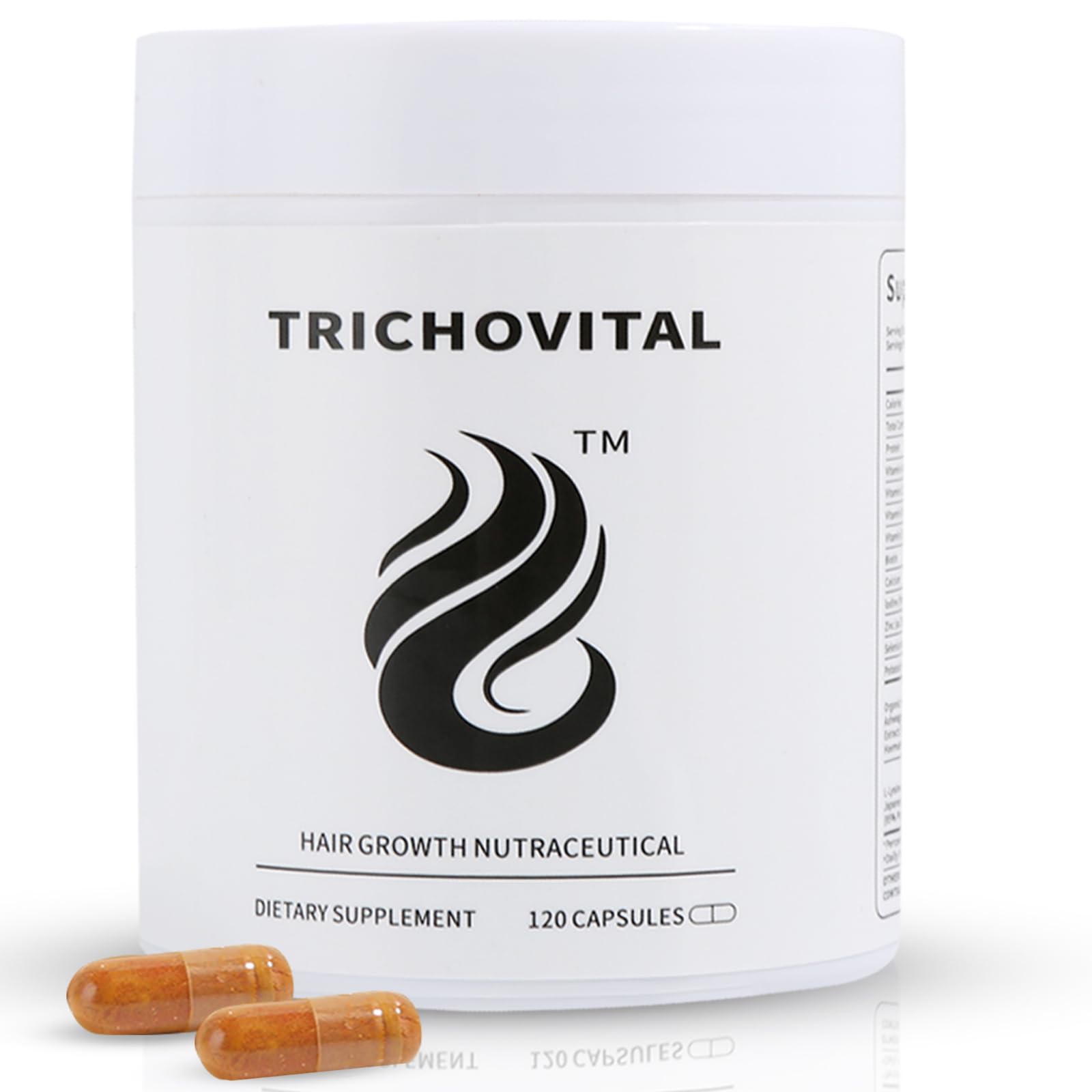 Trichovital bottle close-up showing hair growth vitamins for healthier hair.