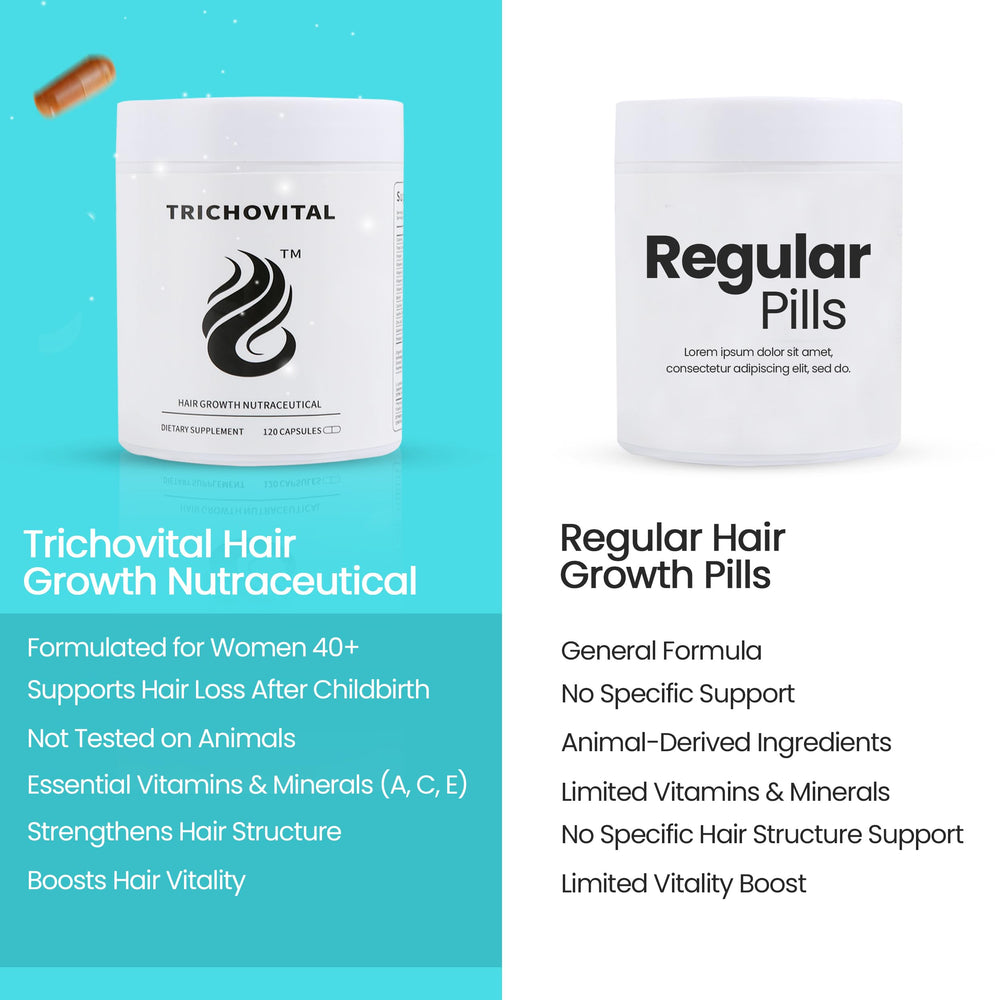 Trichovital bottle on vanity suggesting a daily hair routine.