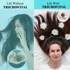 Trichovital hair strands close-up suggests stronger, fuller-looking hair.