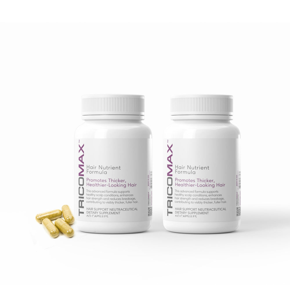 Tricomax Hair Growth bottle front view suggests a vegan supplement for healthier-looking hair