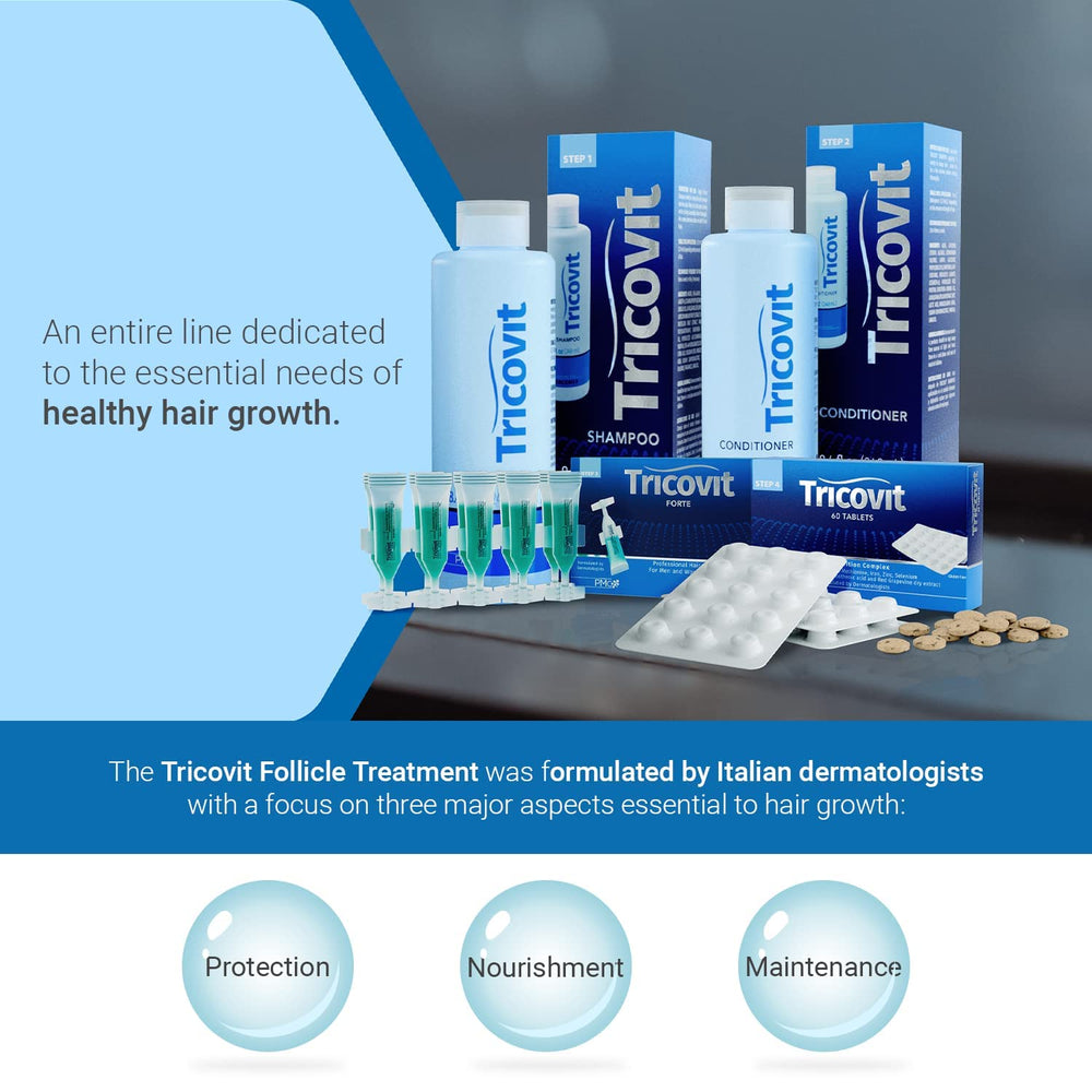 Tricovit daily routine setup with bottles suggests consistent care benefits.