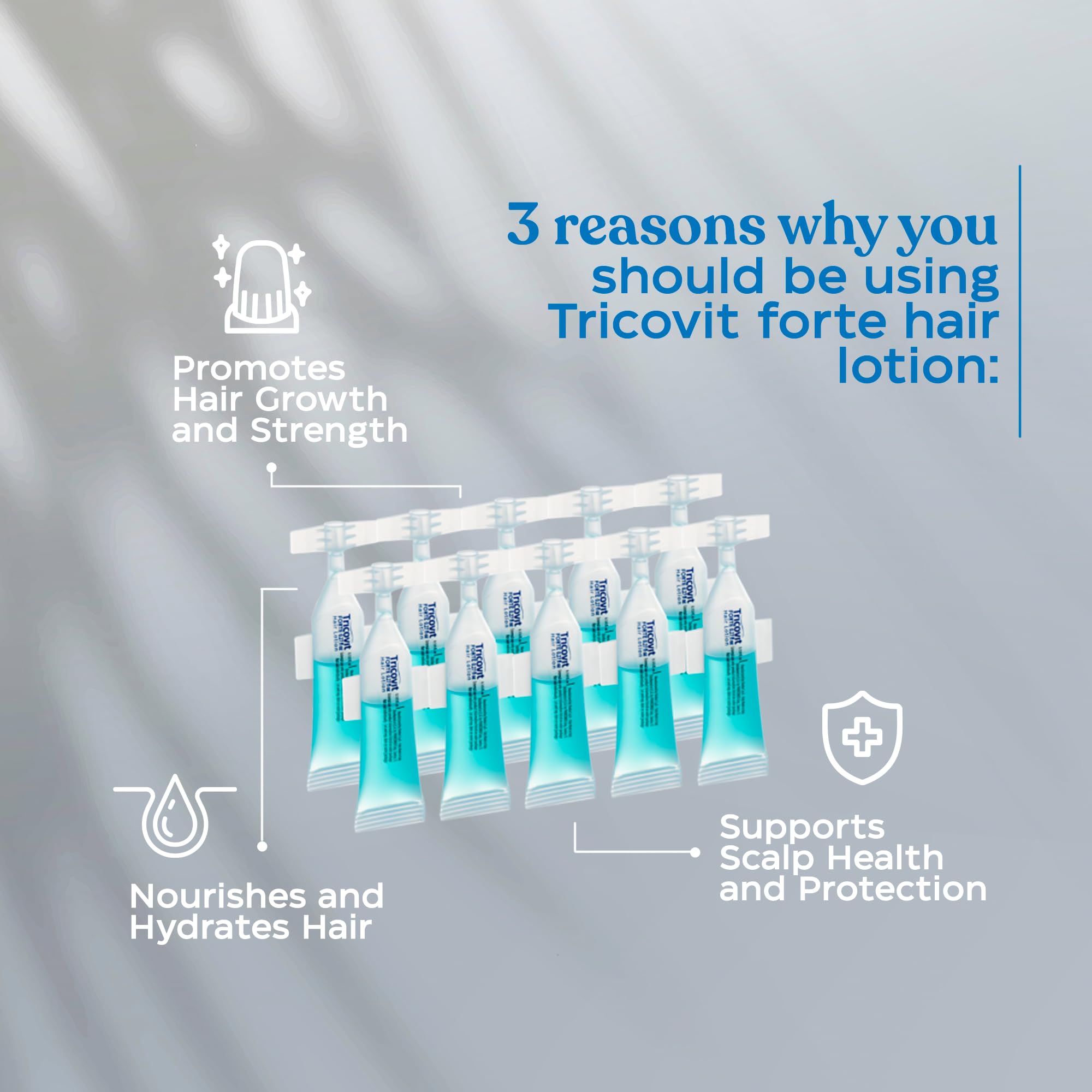 Tricovit Forte hand applying lotion to damp scalp for balance.