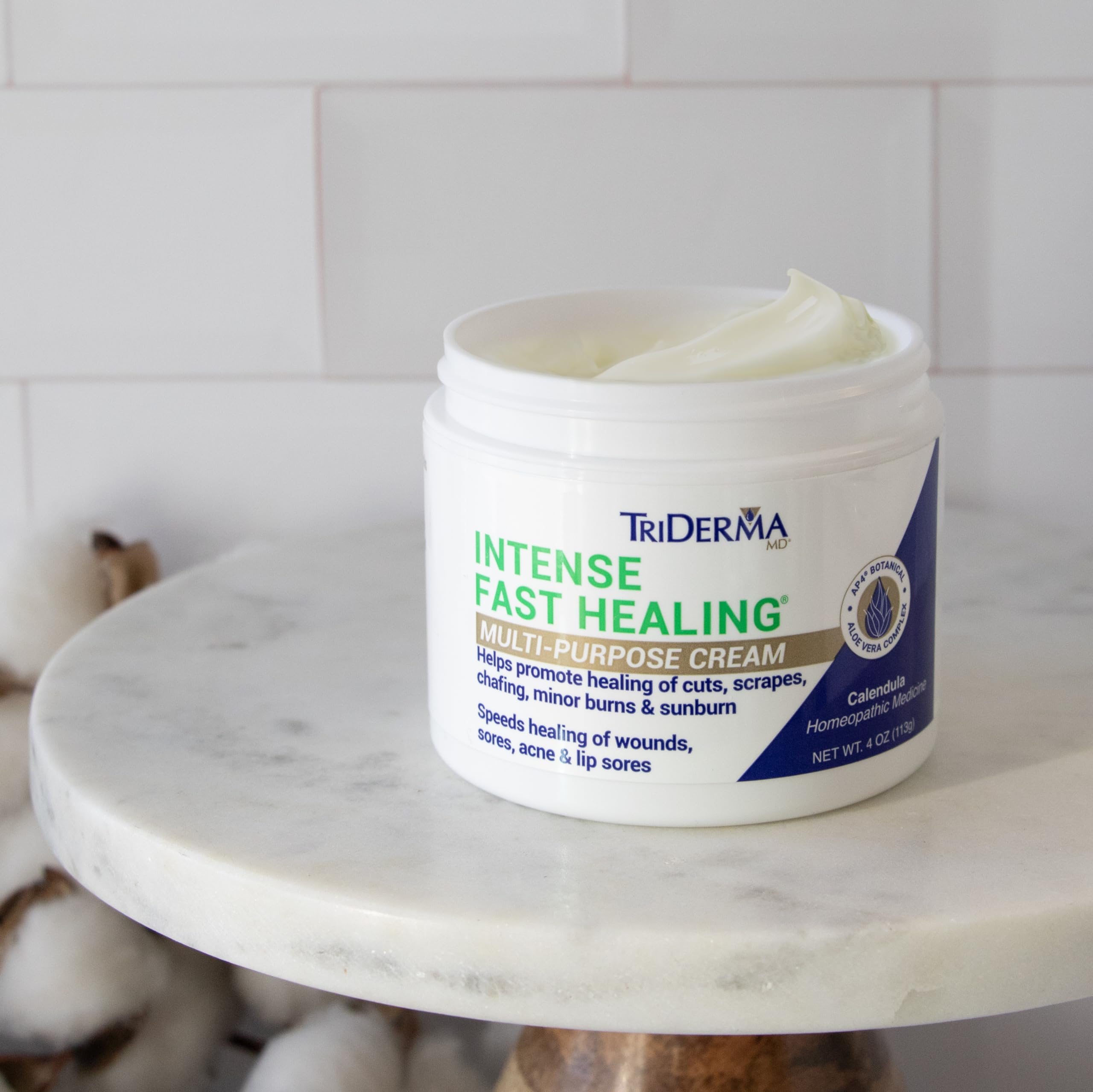 TriDerma Intense Fast Healing Cream ingredients AP4 Aloe Vera complex highlighted.