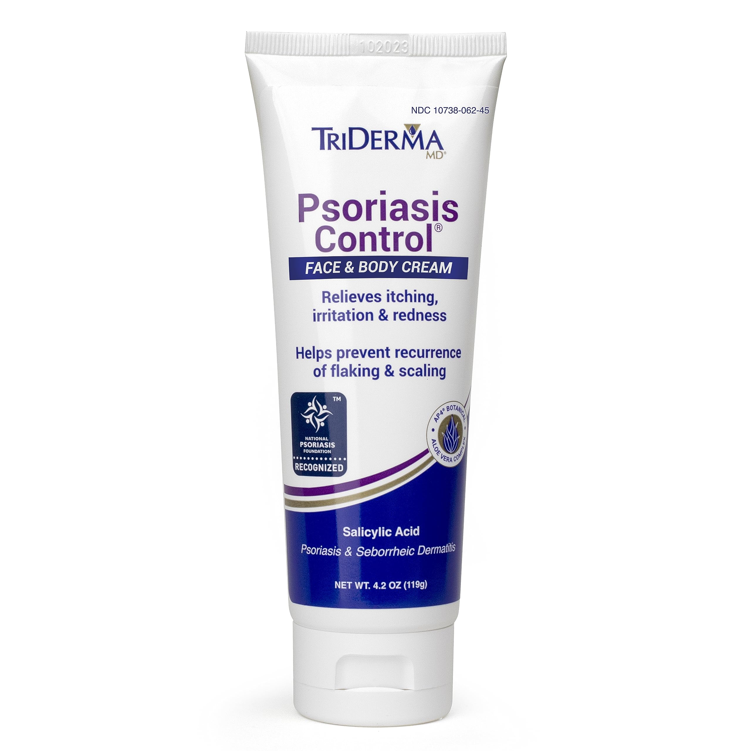 TriDerma psoriasis control face and body cream bottle demonstrates soothing, non-greasy relief.