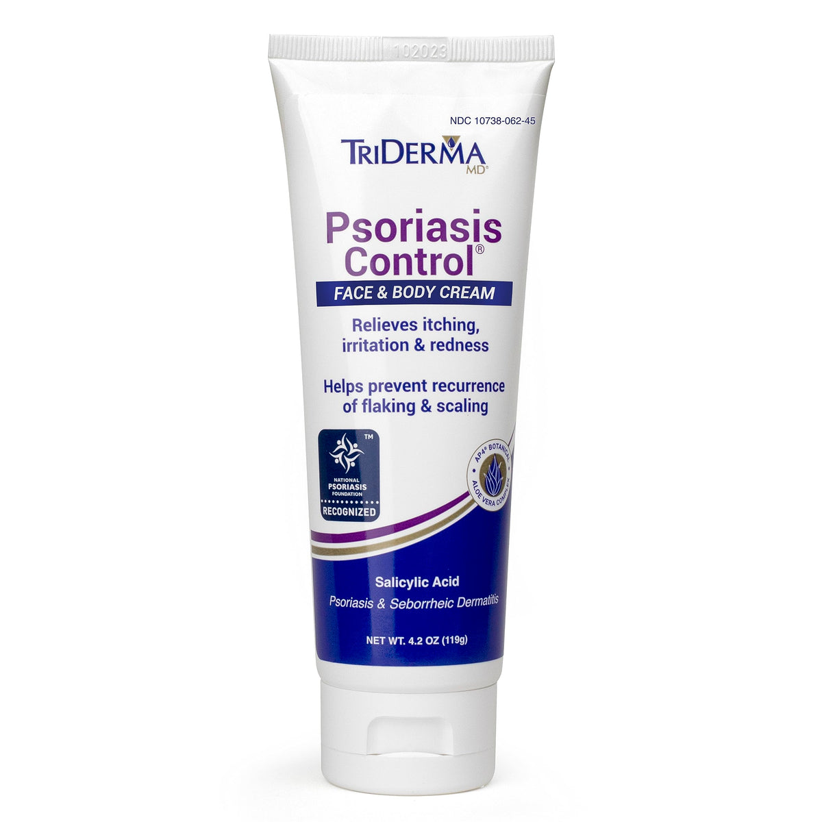 TriDerma psoriasis control face and body cream bottle demonstrates soothing, non-greasy relief.