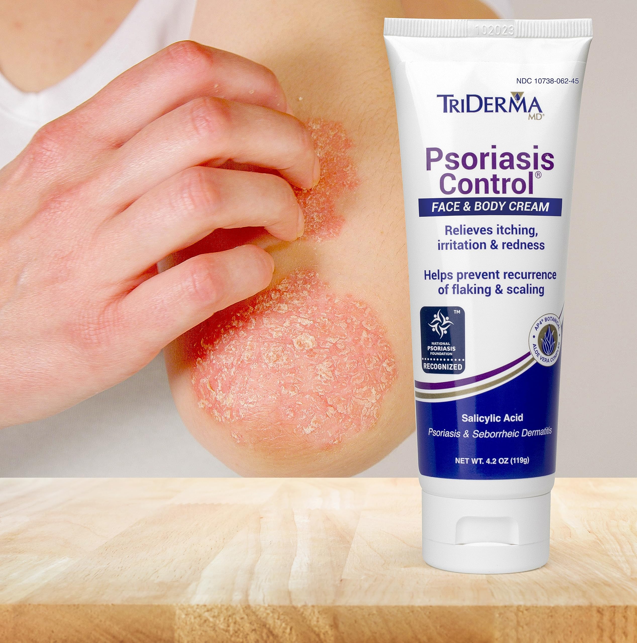 TriDerma psoriasis control fragrance-free label benefits sensitive skin users.