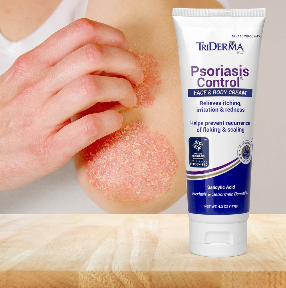 TriDerma psoriasis control fragrance-free label benefits sensitive skin users.