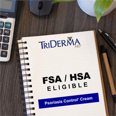 TriDerma psoriasis control packaging highlights fragrance-free formula for sensitive skin.
