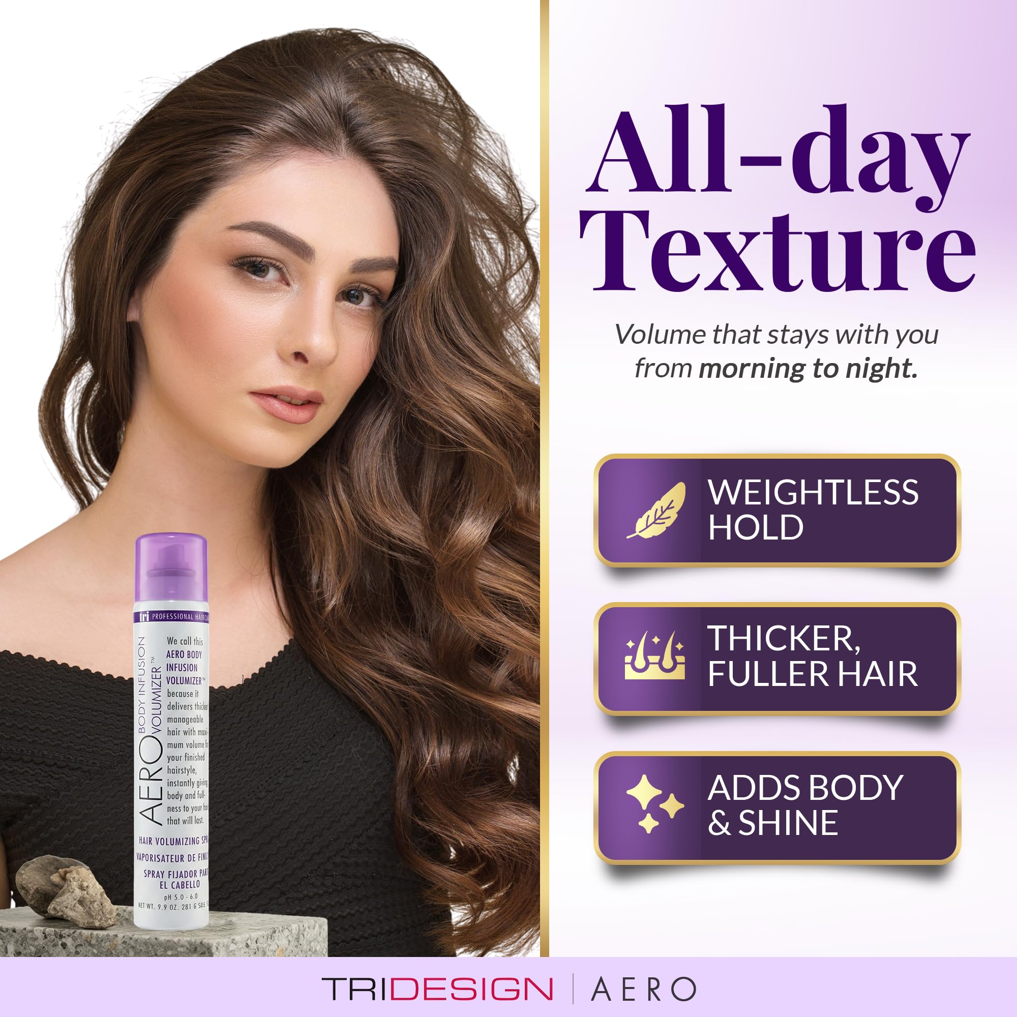 Aero Body Infusion Volumizer suitable for all hair types delivering weightless lift.