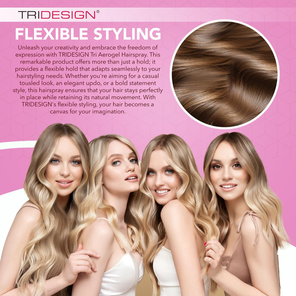 TRI Design Aerogel Hairspray application demonstrating easy spray for defined shape.
