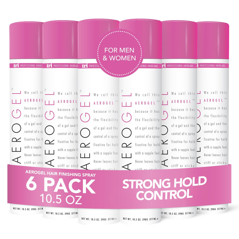 TRI Design Aerogel Hairspray bottle mist enhances volume and control with a light, even spray.