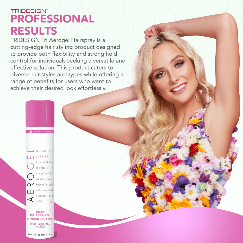 TRI Design Aerogel Hairspray keeps style intact for all day lift.