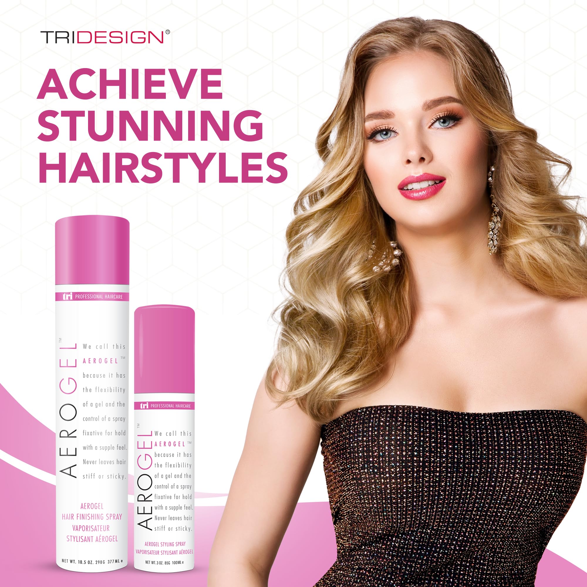 TRIDESIGN Aerogel hairspray dispensing cap close-up highlights non-sticky, touchable finish.