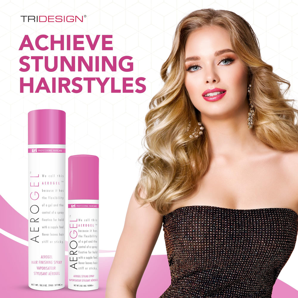 TRIDESIGN Aerogel hairspray dispensing cap close-up highlights non-sticky, touchable finish.