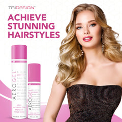 TRIDESIGN Aerogel hairspray dispensing cap close-up highlights non-sticky, touchable finish.
