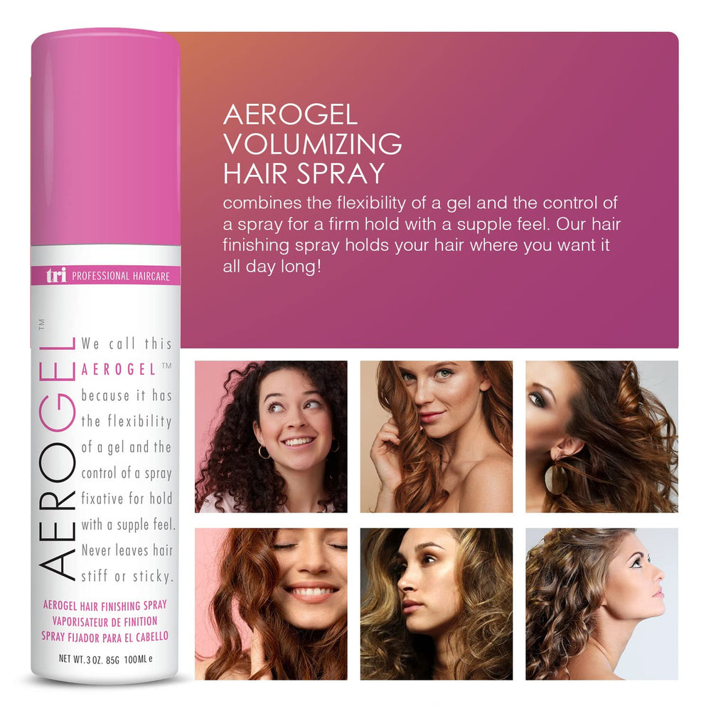 TRIDESIGN Aerogel Hairspray creates a shiny, non-sticky finish for all hair types.