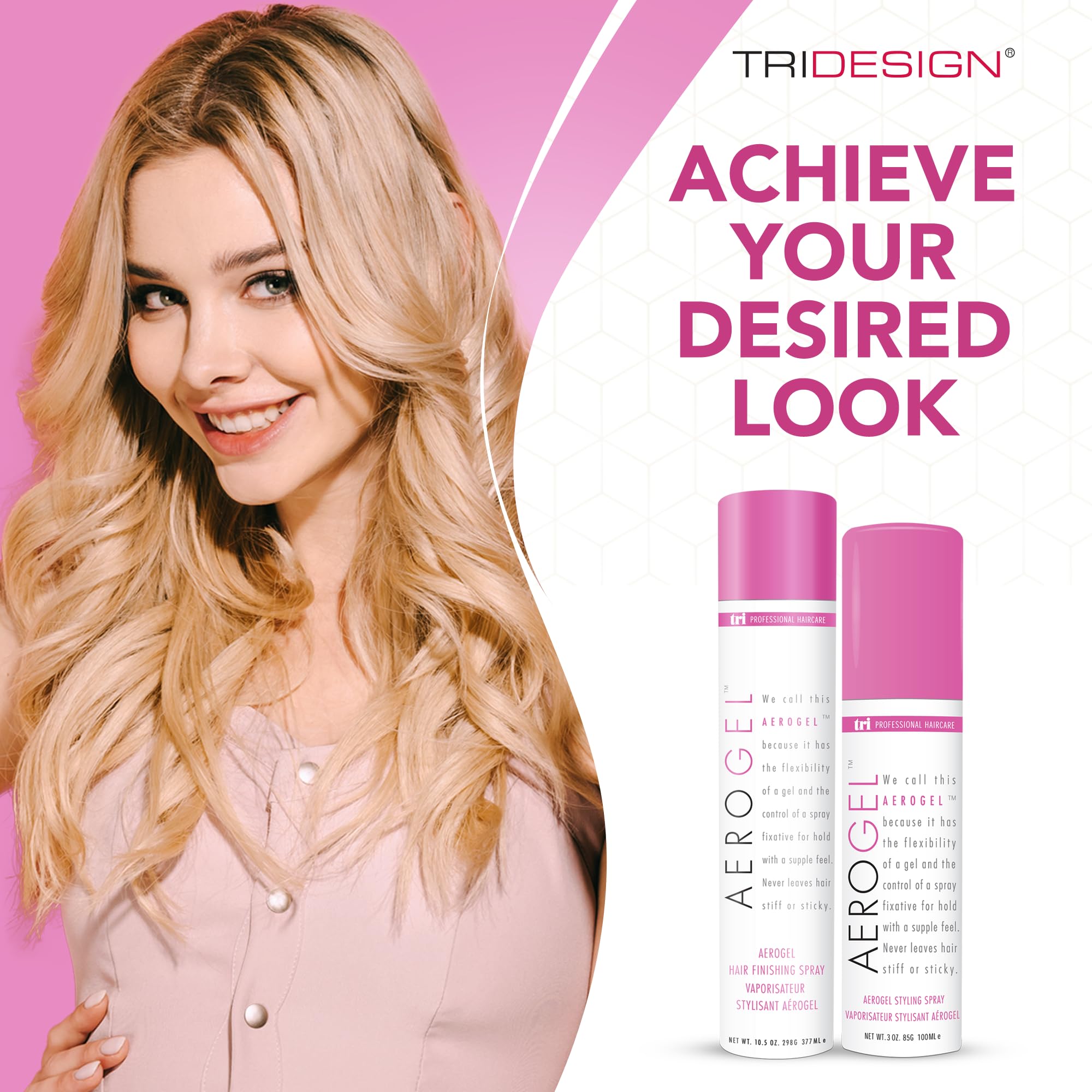 TRIDESIGN Aerogel hairspray finish fights frizz while keeping hair polished all day.