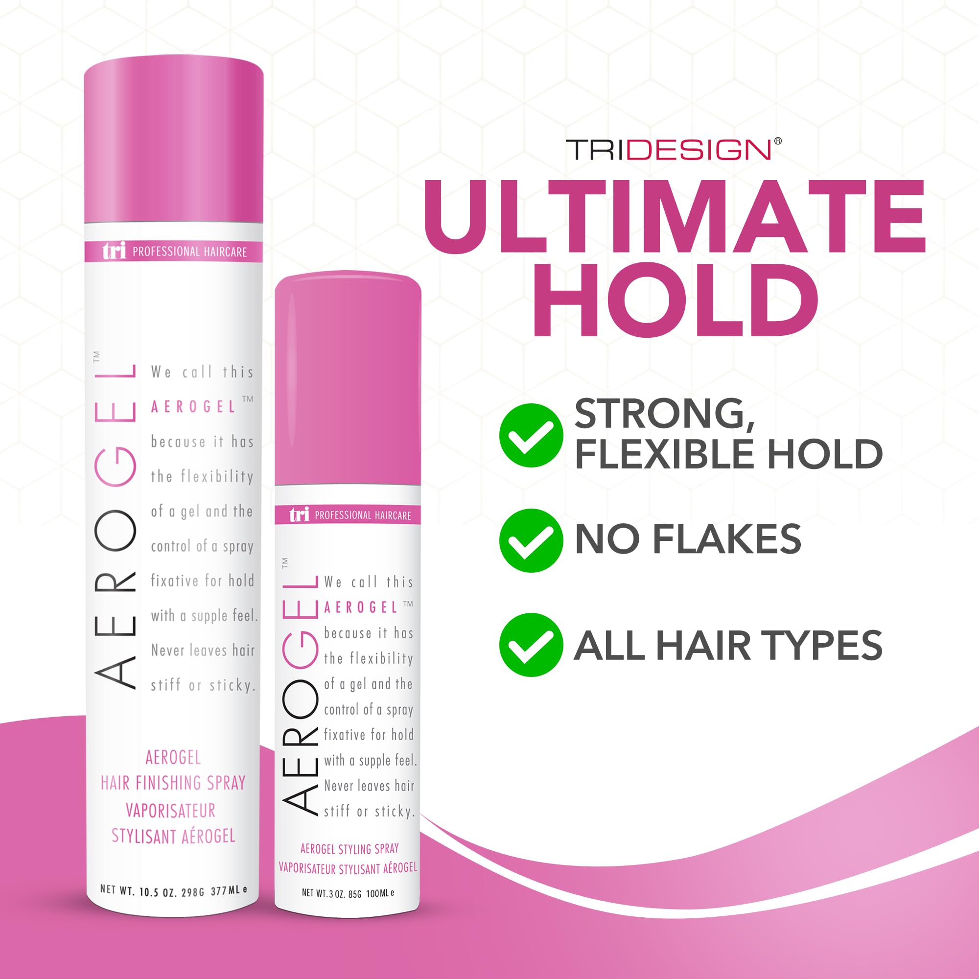 TRIDESIGN Aerogel hairspray large 10.5oz bottle delivers volume and long-lasting control.