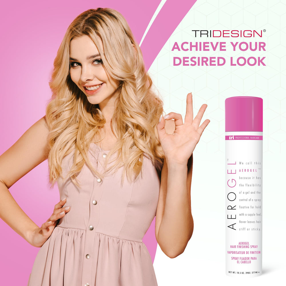 TRI Design Aerogel Hairspray non-sticky formula with a pleasant scent eases daily styling.