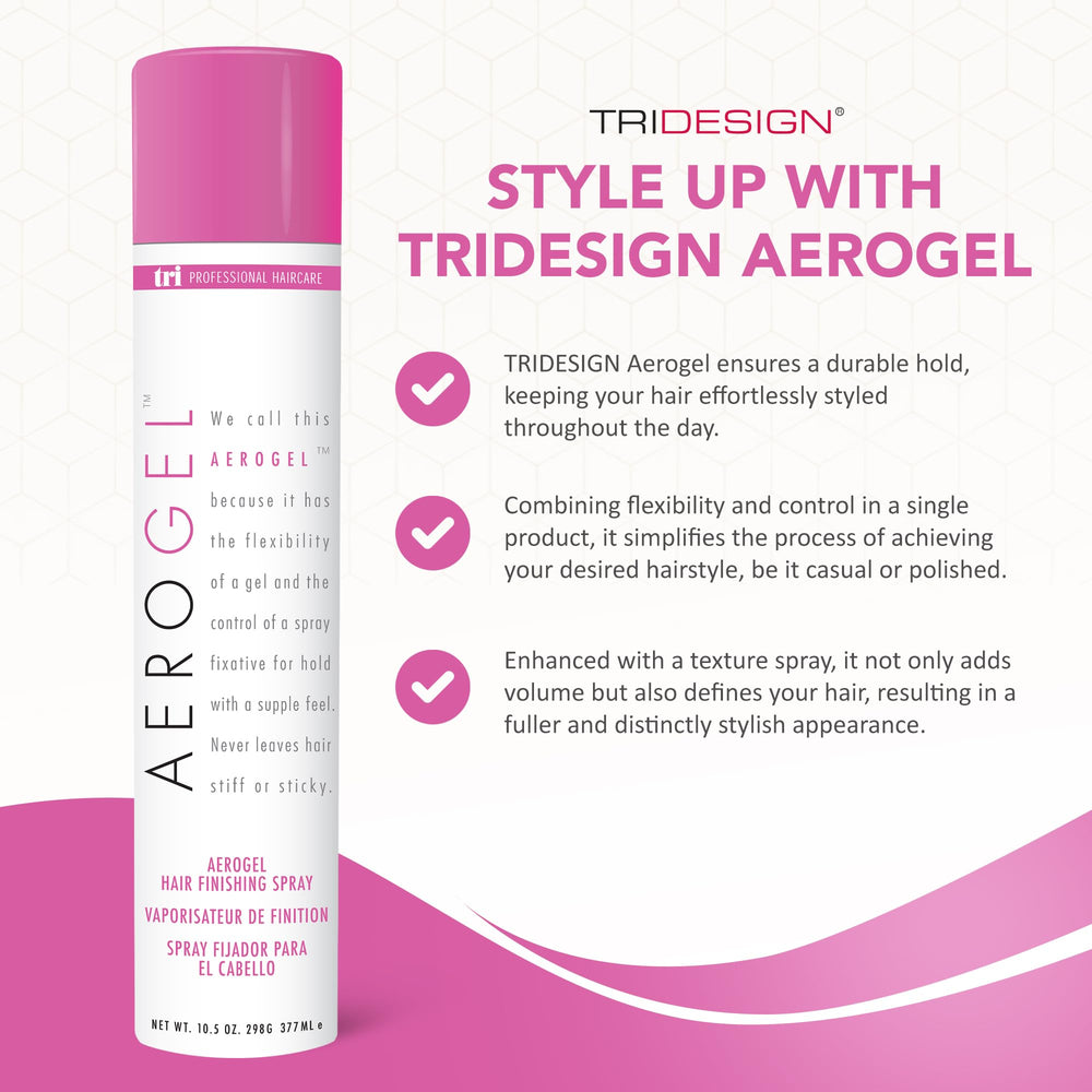 TRI Design Aerogel Hairspray strong hold keeps hair in place without stiffness.