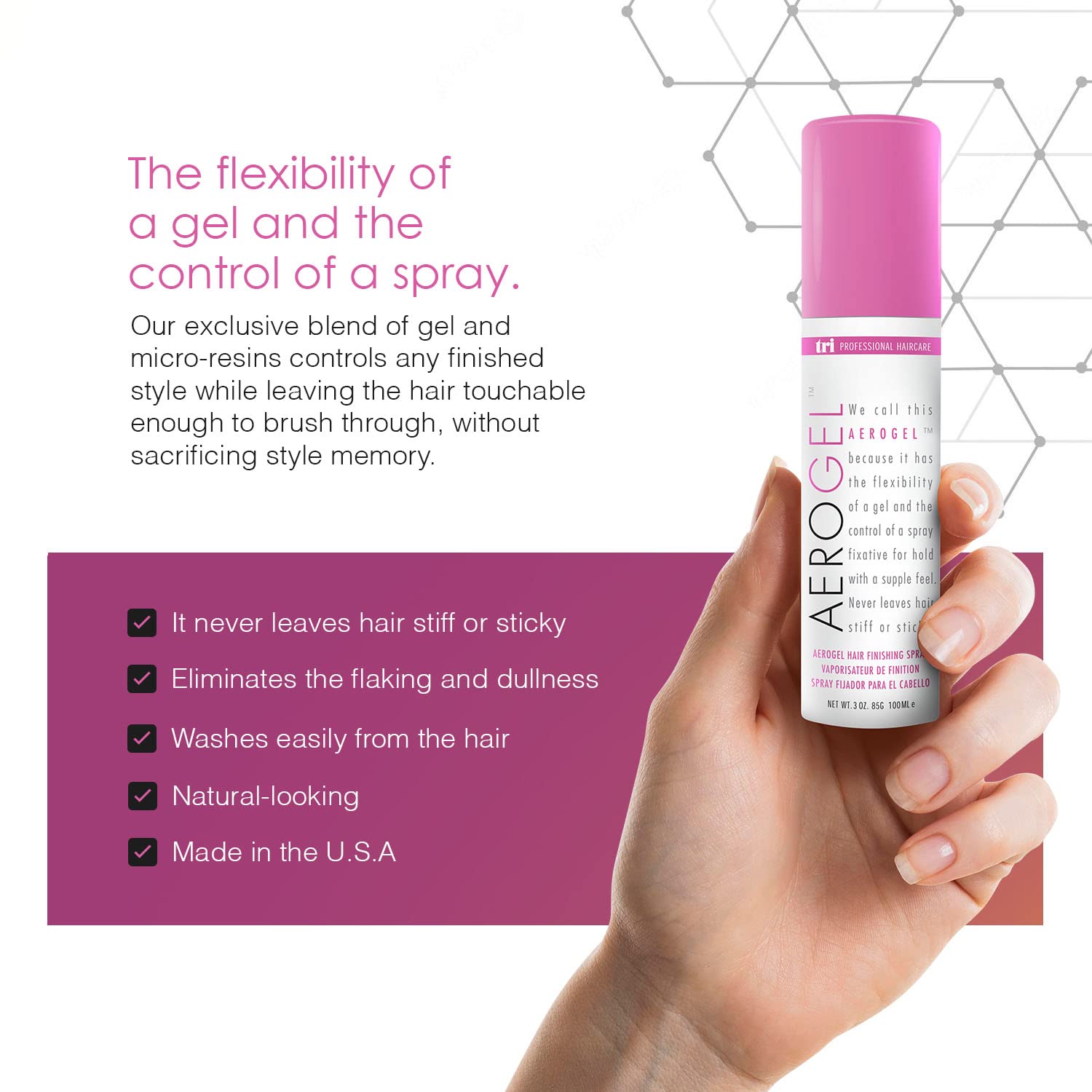 TRIDESIGN Aerogel Hairspray is travel-size for on-the-go styling.