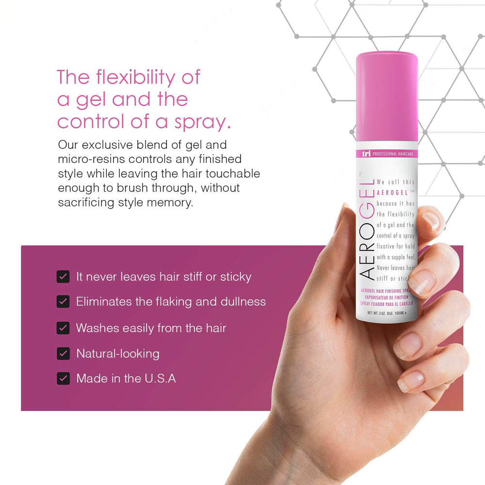 TRIDESIGN Aerogel Hairspray is travel-size for on-the-go styling.
