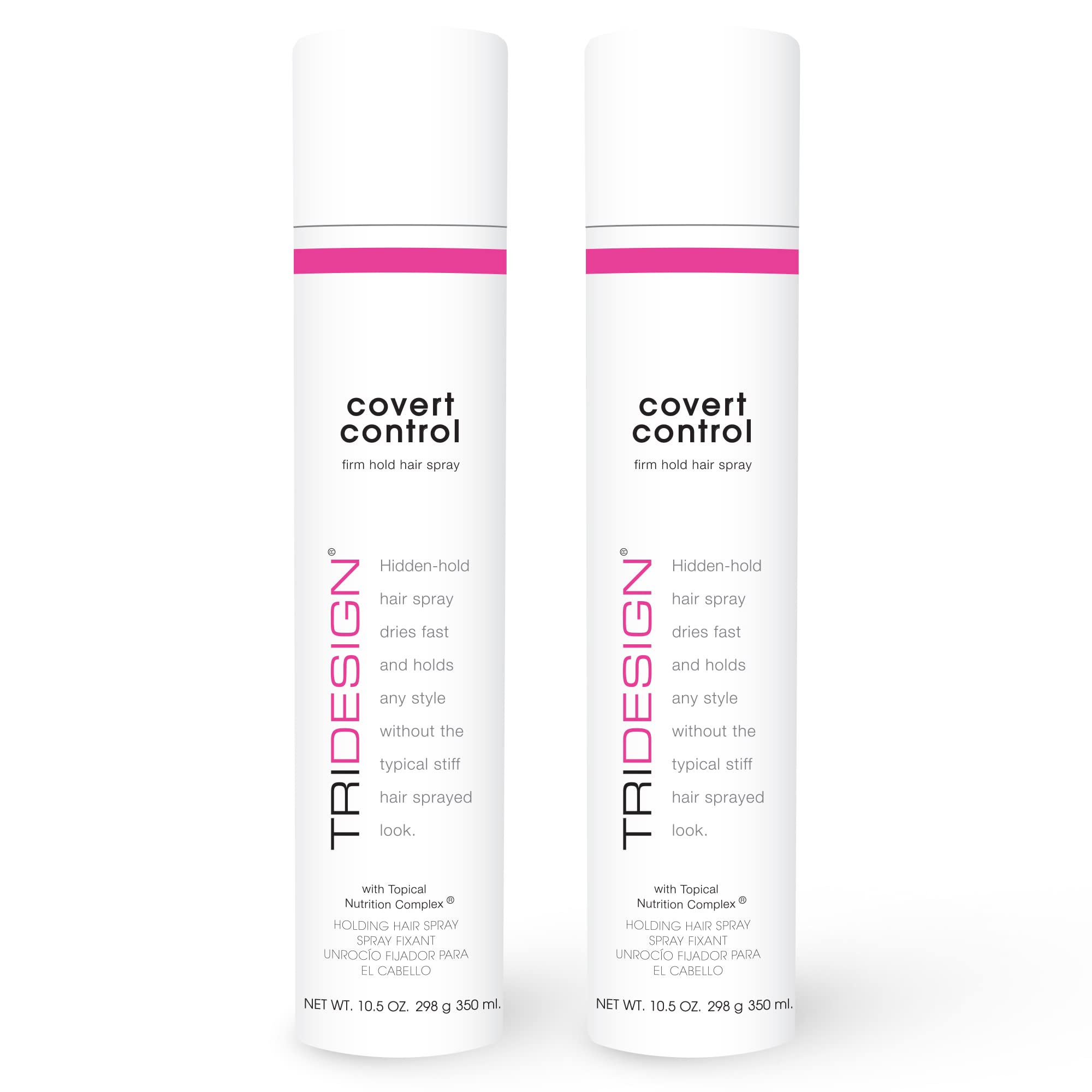 TRIDESIGN Covert Control hairspray bottle showing invisible hold for natural-looking styling