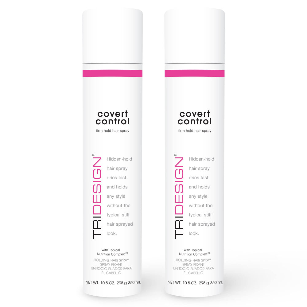 TRIDESIGN Covert Control hairspray bottle showing invisible hold for natural-looking styling