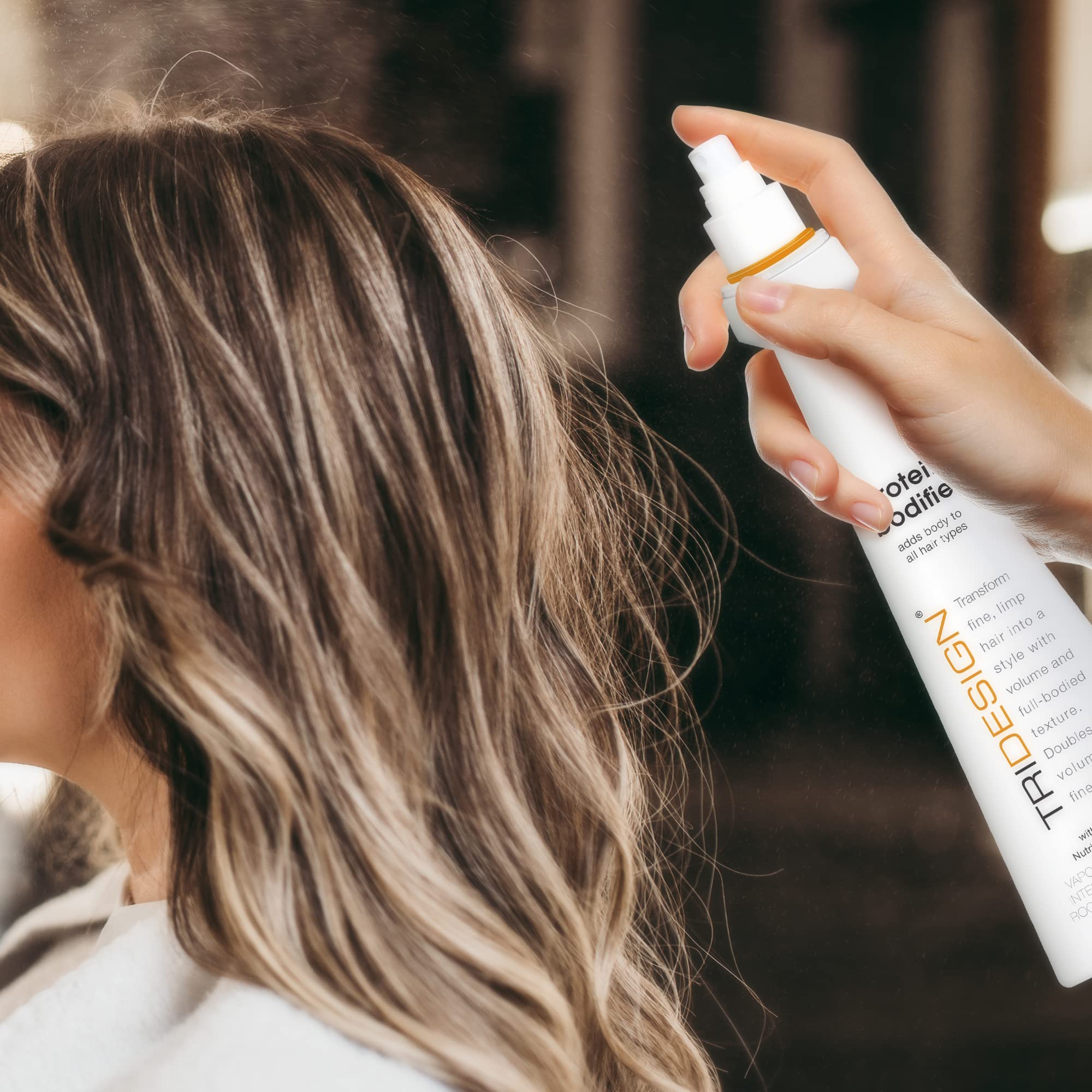 TRI Design Protein Bodifier day-long-hair visual suggests long-lasting lift.