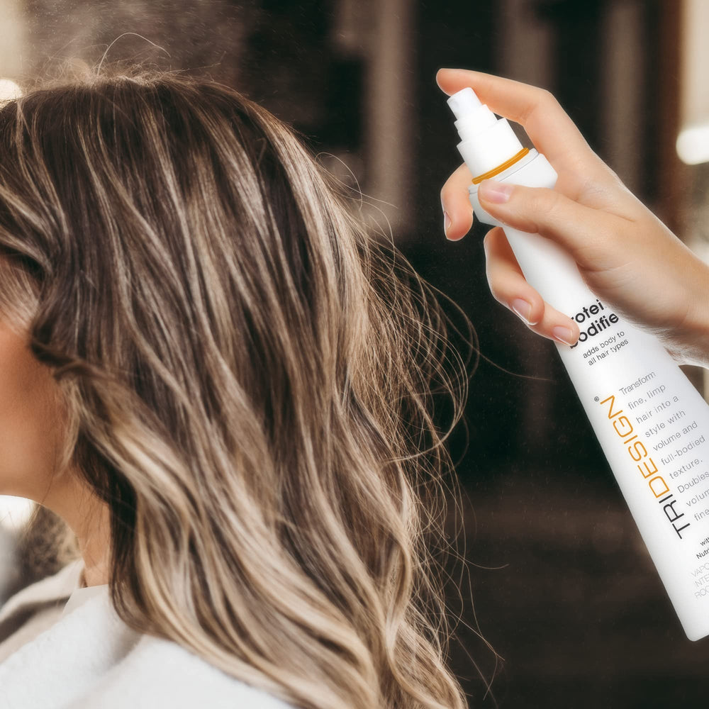 TRI Design Protein Bodifier day-long-hair visual suggests long-lasting lift.