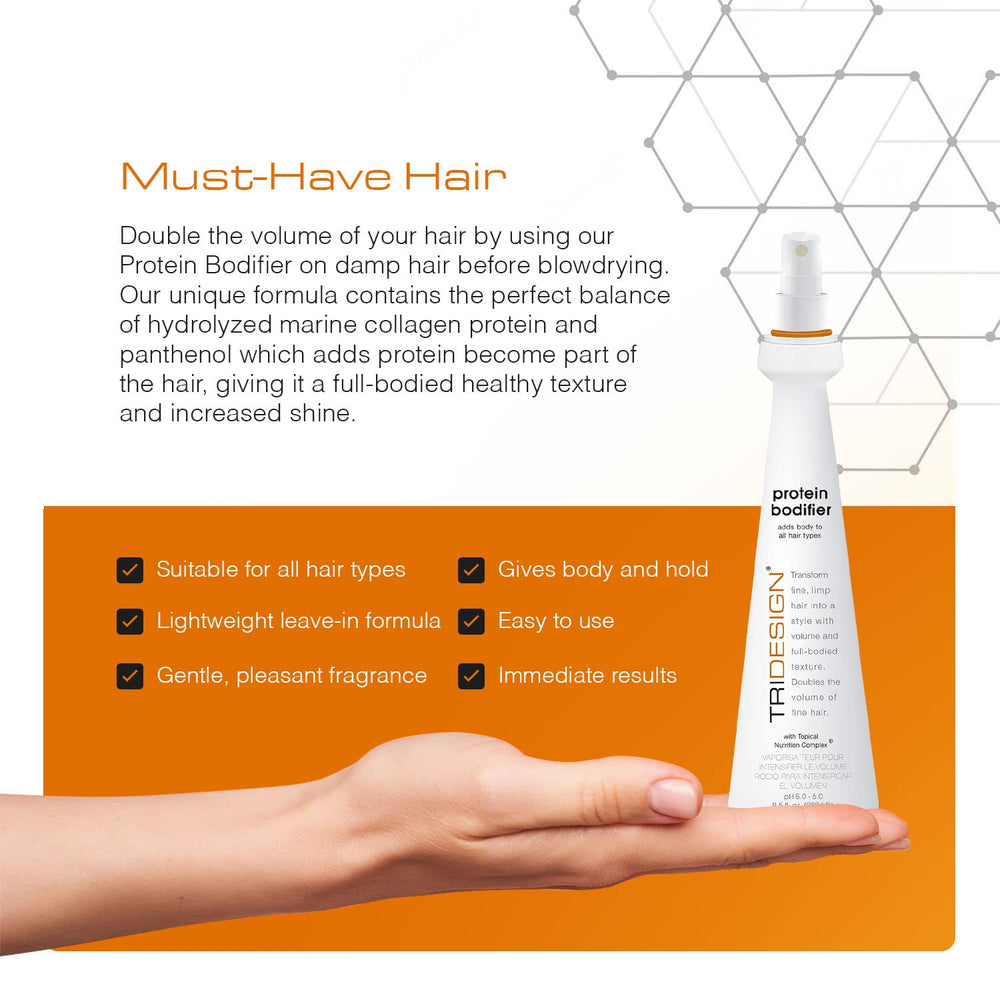 TRI Design Protein Bodifier mist-veil highlights lightweight spray that nourishes strands.