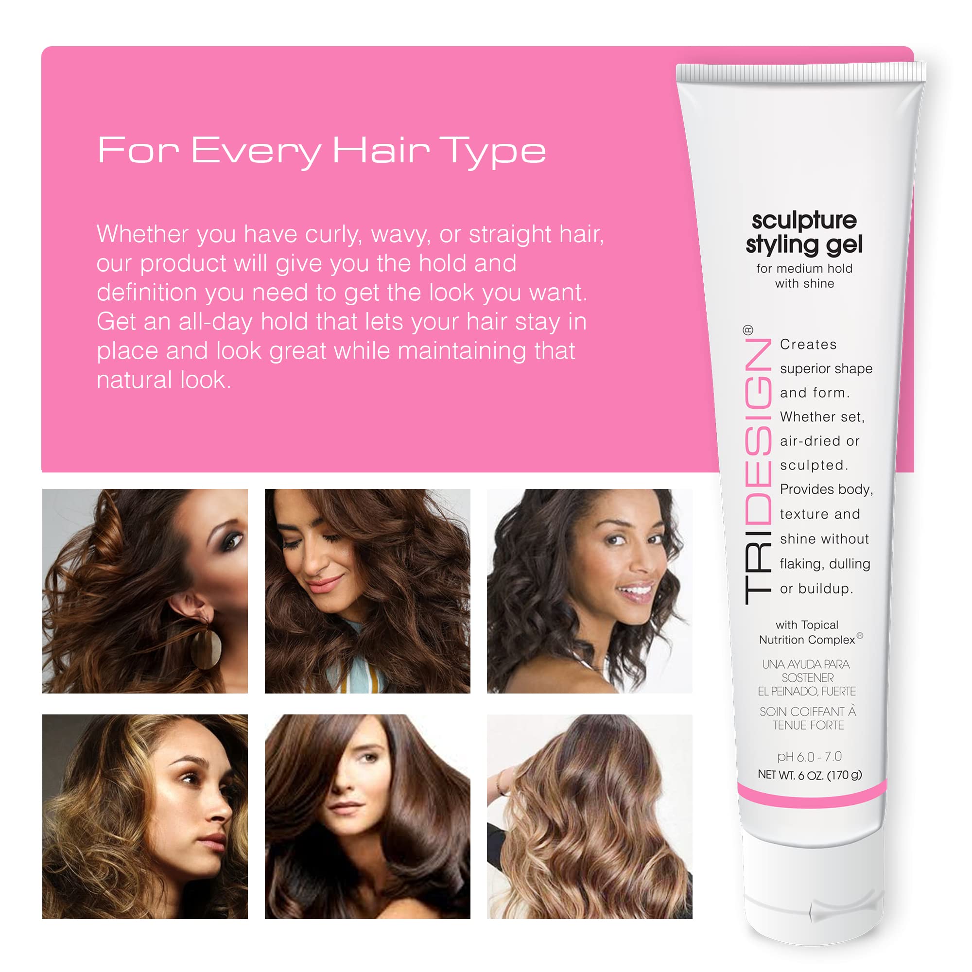 TRIDESIGN Sculpture Gel creates a textured, polished finish for hair.