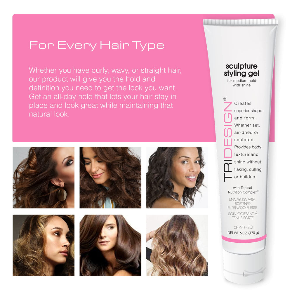 TRIDESIGN Sculpture Gel creates a textured, polished finish for hair.