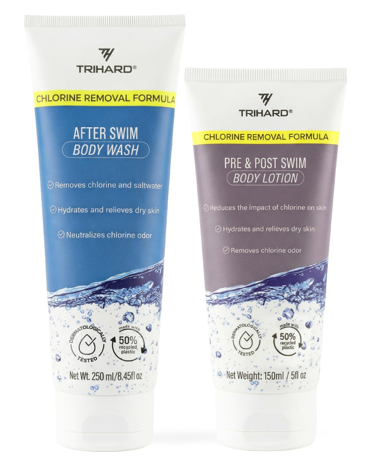 TRIHARD chlorine removal body wash bottle ready for pre-swim care.