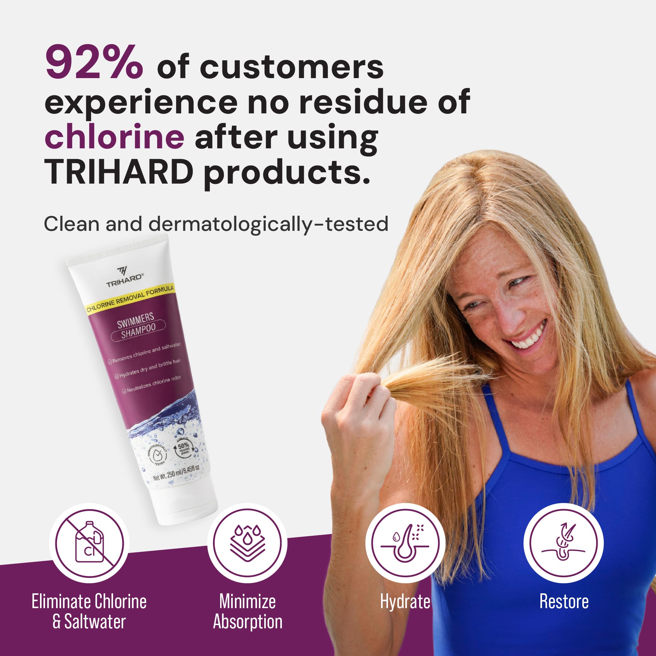TRIHARD chlorine removal swim shampoo bottle on shelf suggesting easy poolside care.
