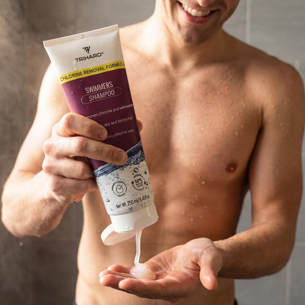 TRIHARD chlorine removal swim shampoo dermatology tested label signaling skin-friendly formula.