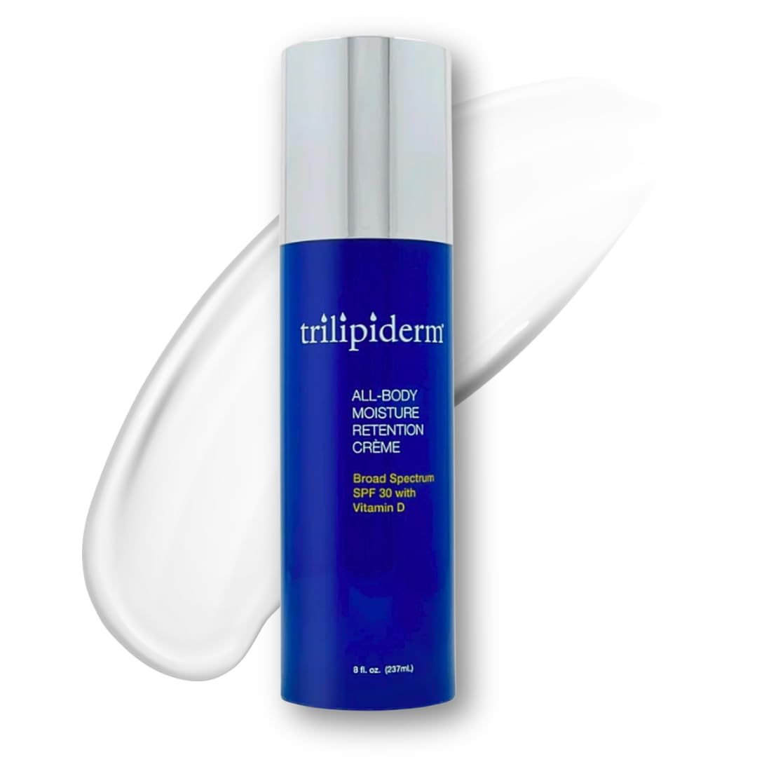 Trilipiderm All-Body Moisture Retention Crème with SPF 30 bottle highlights daily hydration and sun protection