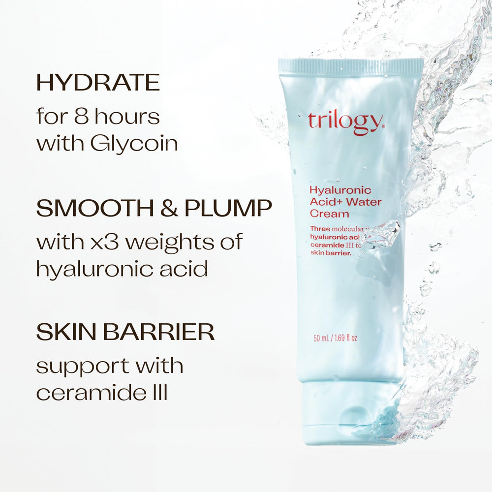 Trilogy Hyaluronic Acid Plus Water Cream jar closeup highlighting smooth skin.