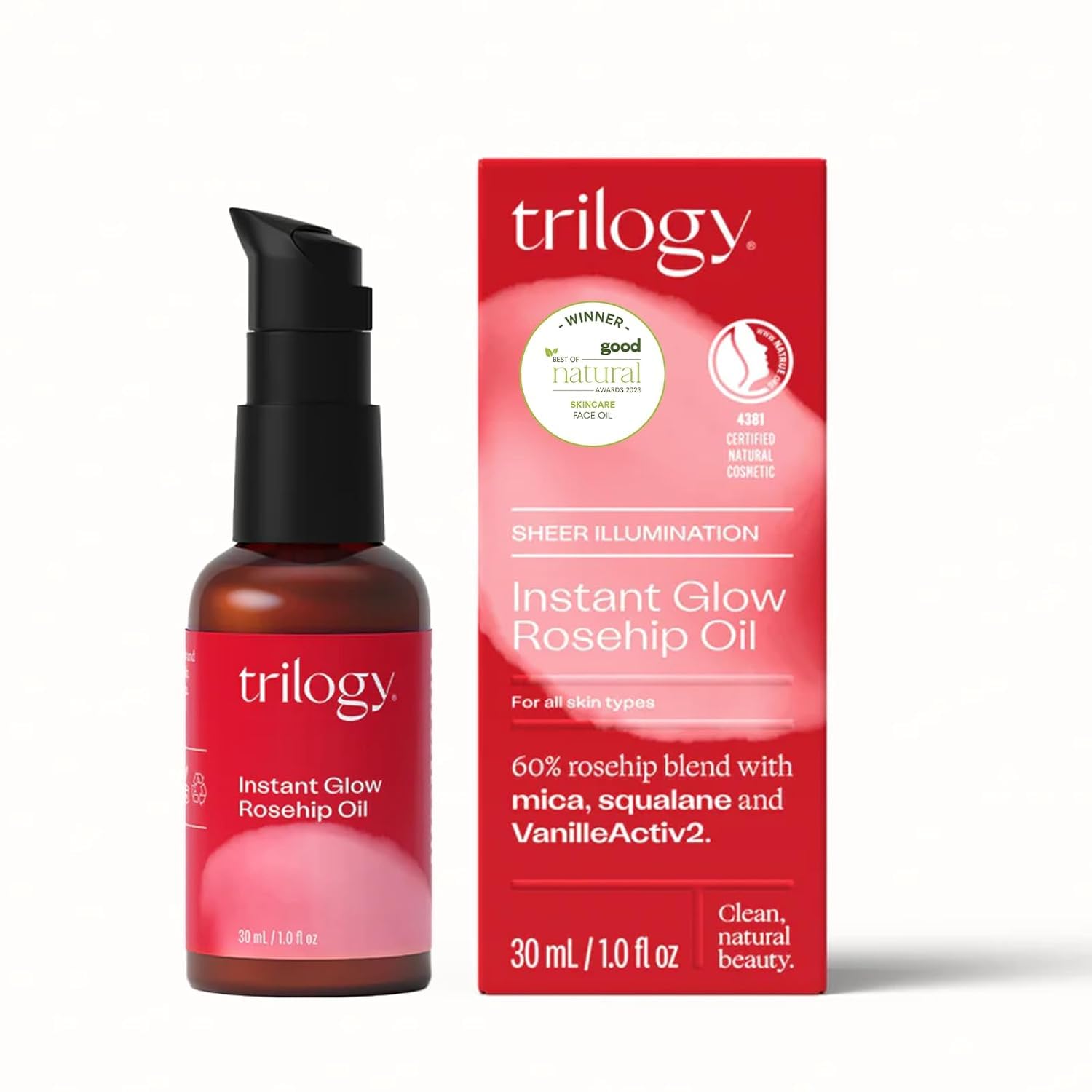 Silky texture close-up of Trilogy Instant Glow Rosehip Oil
