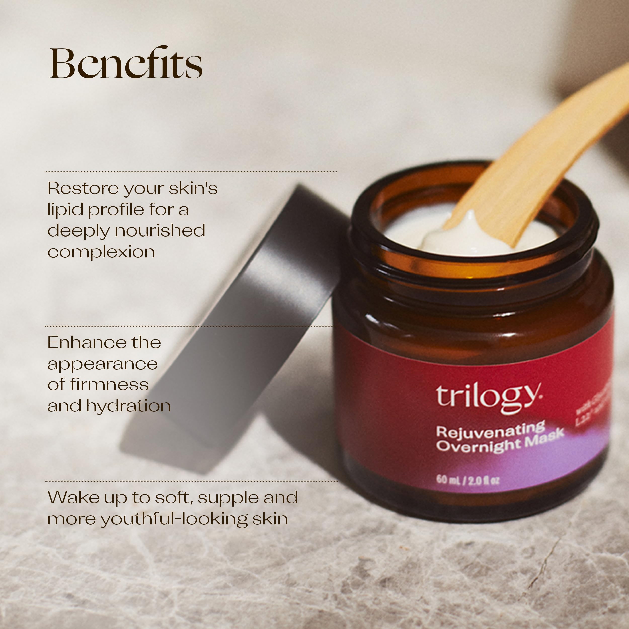 Trilogy overnight mask applied on face during a bedtime ritual.