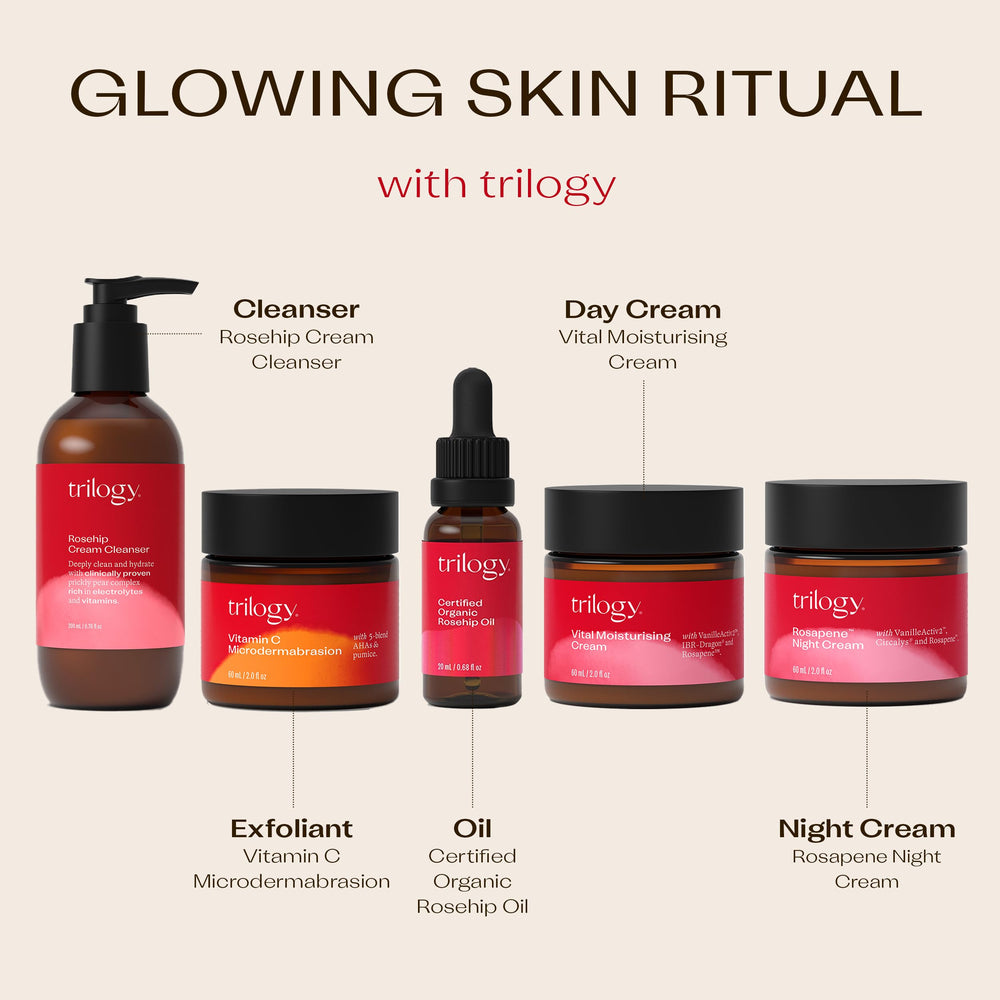 Trilogy rosehip oil closeup focuses on rich seed oil for nourishment