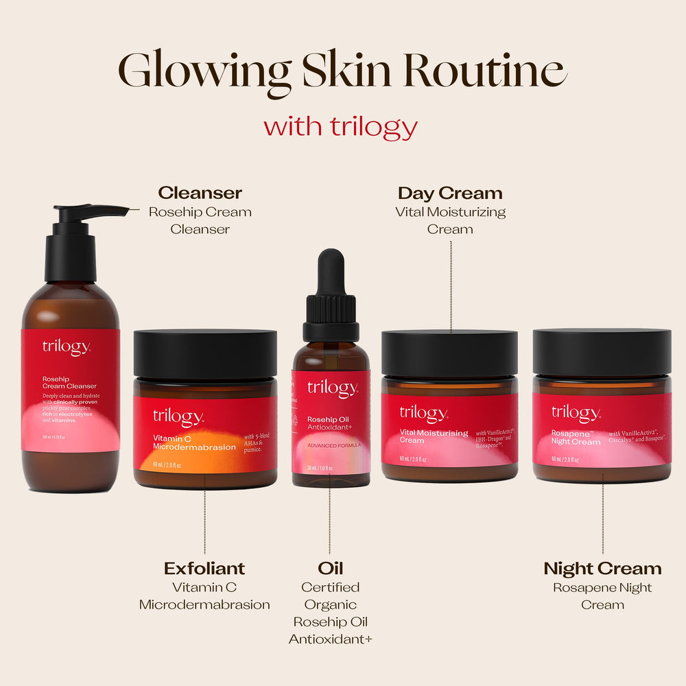 Trilogy Rosehip Oil droplet application on cheek for dewy finish