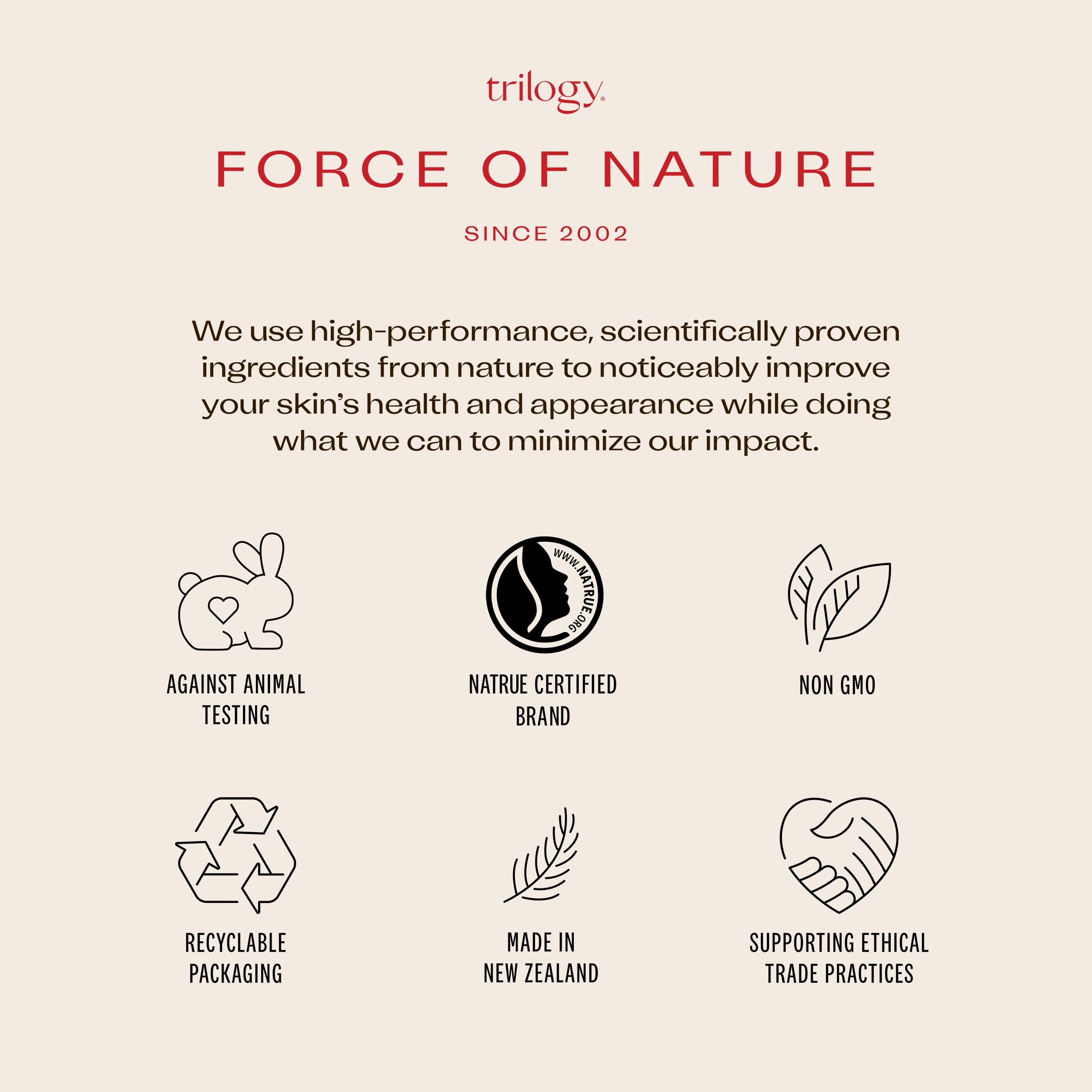Trilogy rosehip oil ingredients panel communicates organic farming and purity